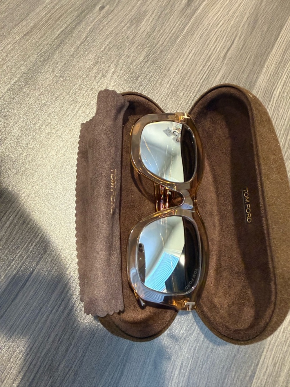 Tom Ford Amber Transparent Frame Sunglasses with Gold Accents
